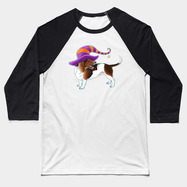 Basset Hound Halloween Witch Hat Baseball T-Shirt by dragonstarart